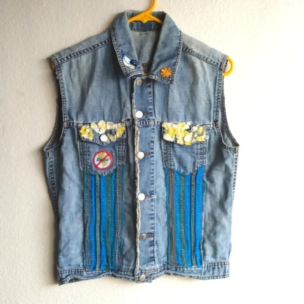Armani Exchange UPCYCLED Distressed Washed Denim Vest-Jean vest-Unique-Patched
